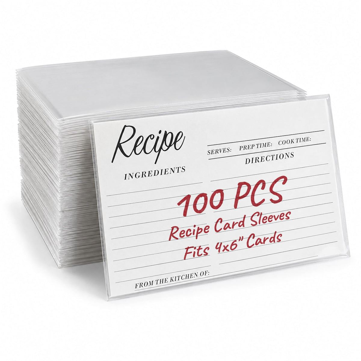 Stack of 100 clear sleeves with a recipe card sliding in