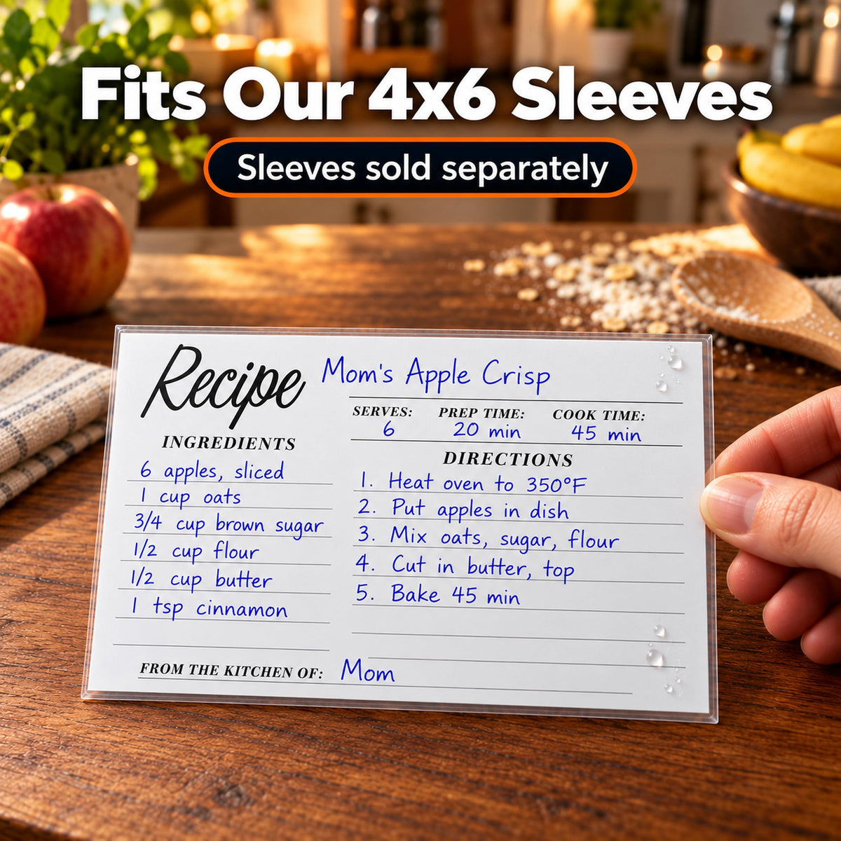 Handwritten recipe card slid into a clear 4x6 protector sleeve