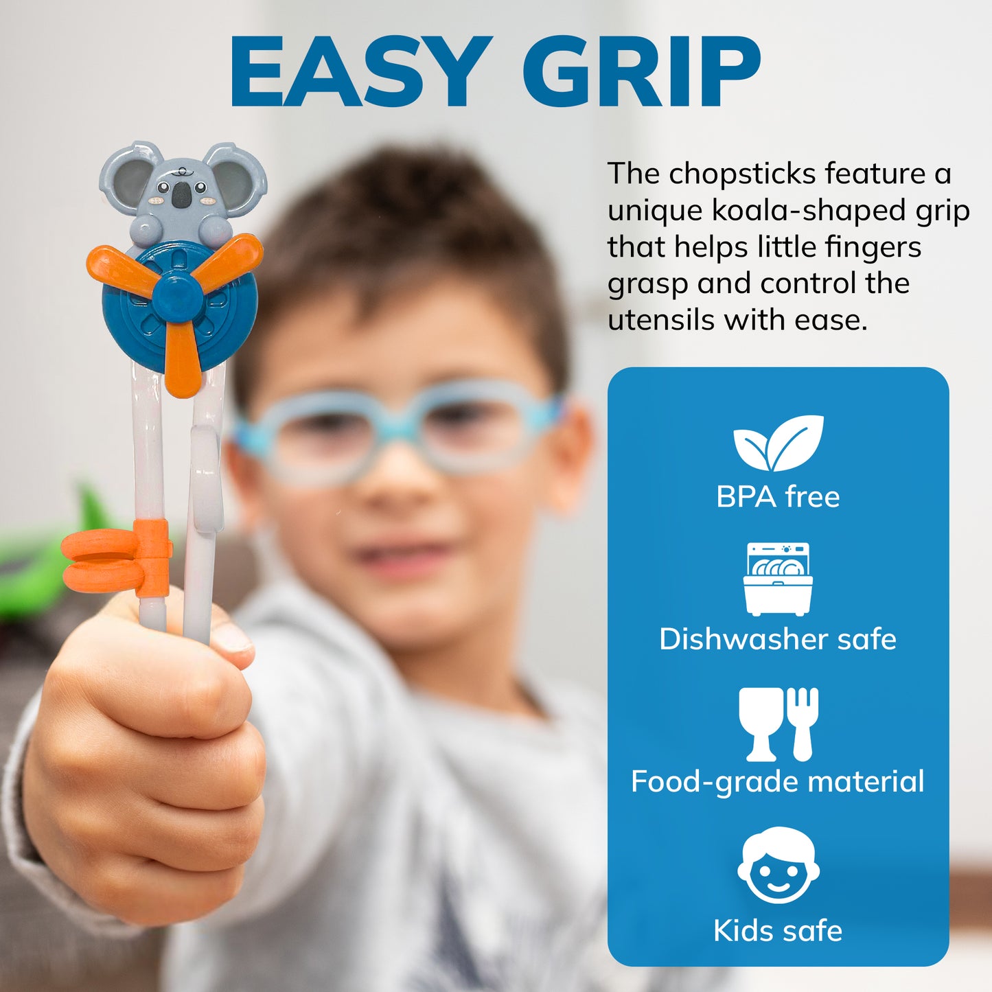Training Chopsticks for Kids - Fun Windmill Bear Chopsticks with Finger Helpers & Non-Slip Design - Ideal Add For Toddler Silverware and Baby Utensils - Blue