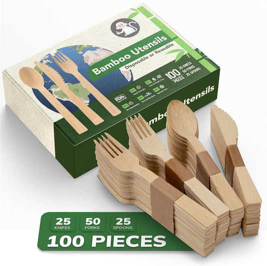 Bamboo Utensils Disposable or Reusable Cutlery set