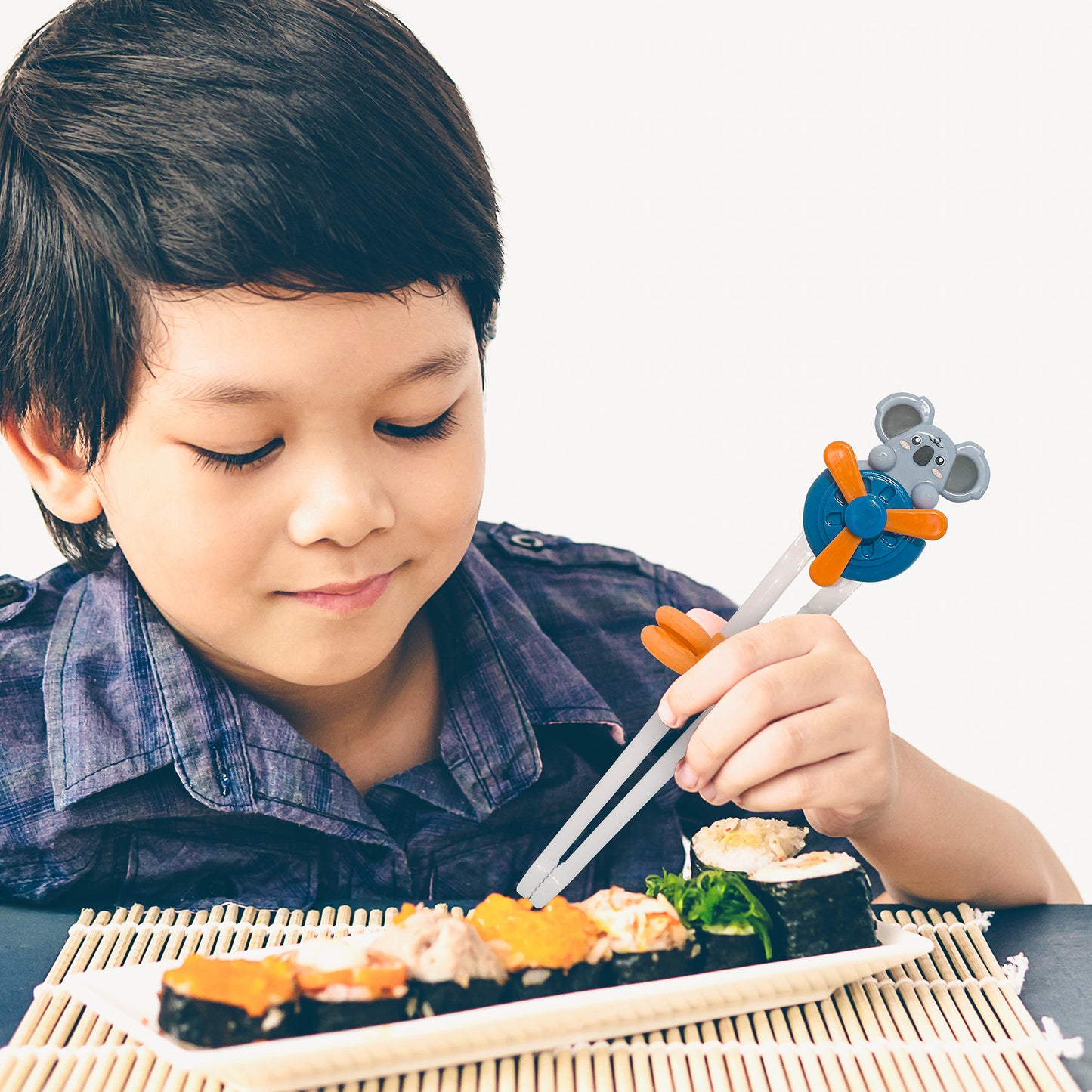 Training Chopsticks for Kids - Fun Windmill Bear Chopsticks with Finger Helpers & Non-Slip Design - Ideal Add For Toddler Silverware and Baby Utensils - Blue