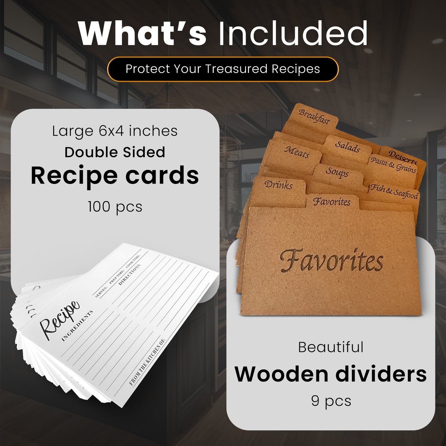 Rustic Recipe Box Set with 100 Cards, 9 Wooden Dividers – A Recipe Book to Write in Your Own Recipes - Recipes Card Holder with Display Lid, 4"x6" Index Card Organizer for Kitchen