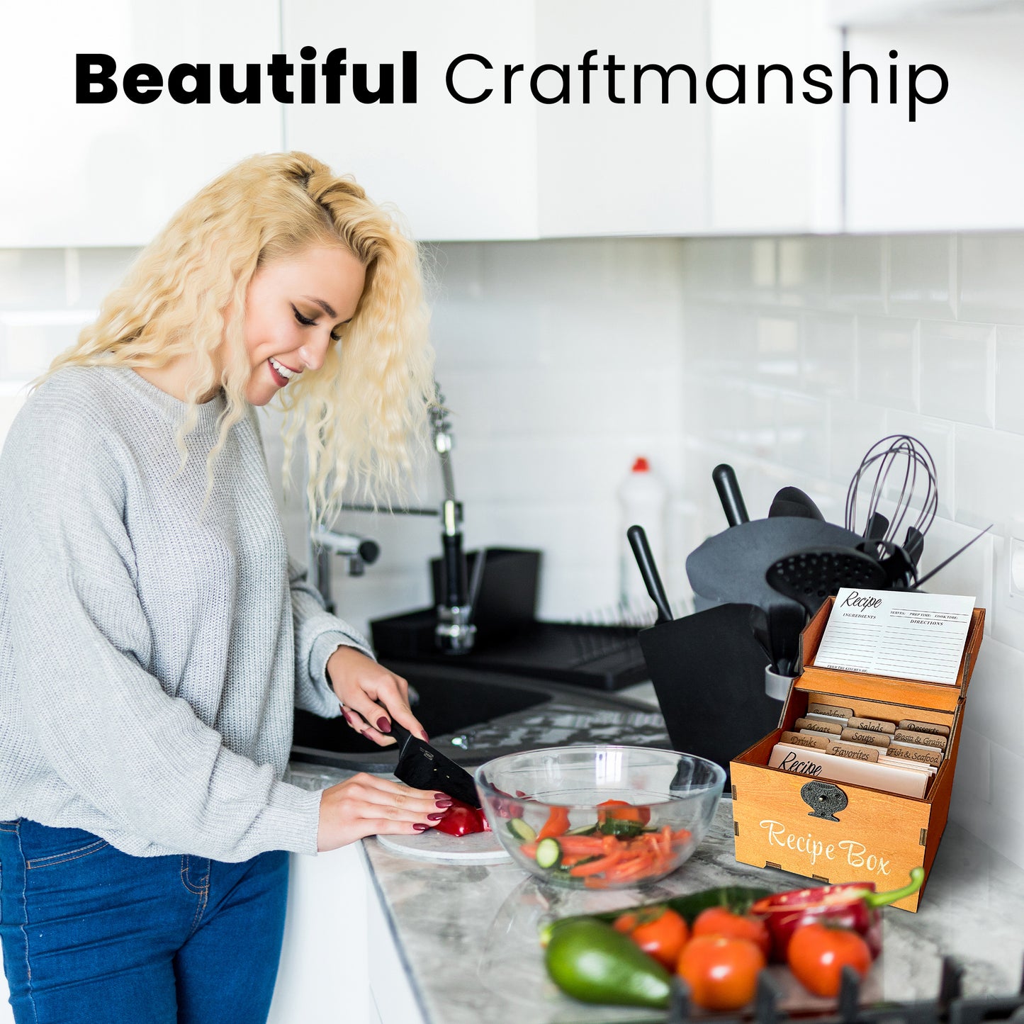 Rustic Recipe Box Set with 100 Cards, 9 Wooden Dividers – A Recipe Book to Write in Your Own Recipes - Recipes Card Holder with Display Lid, 4"x6" Index Card Organizer for Kitchen