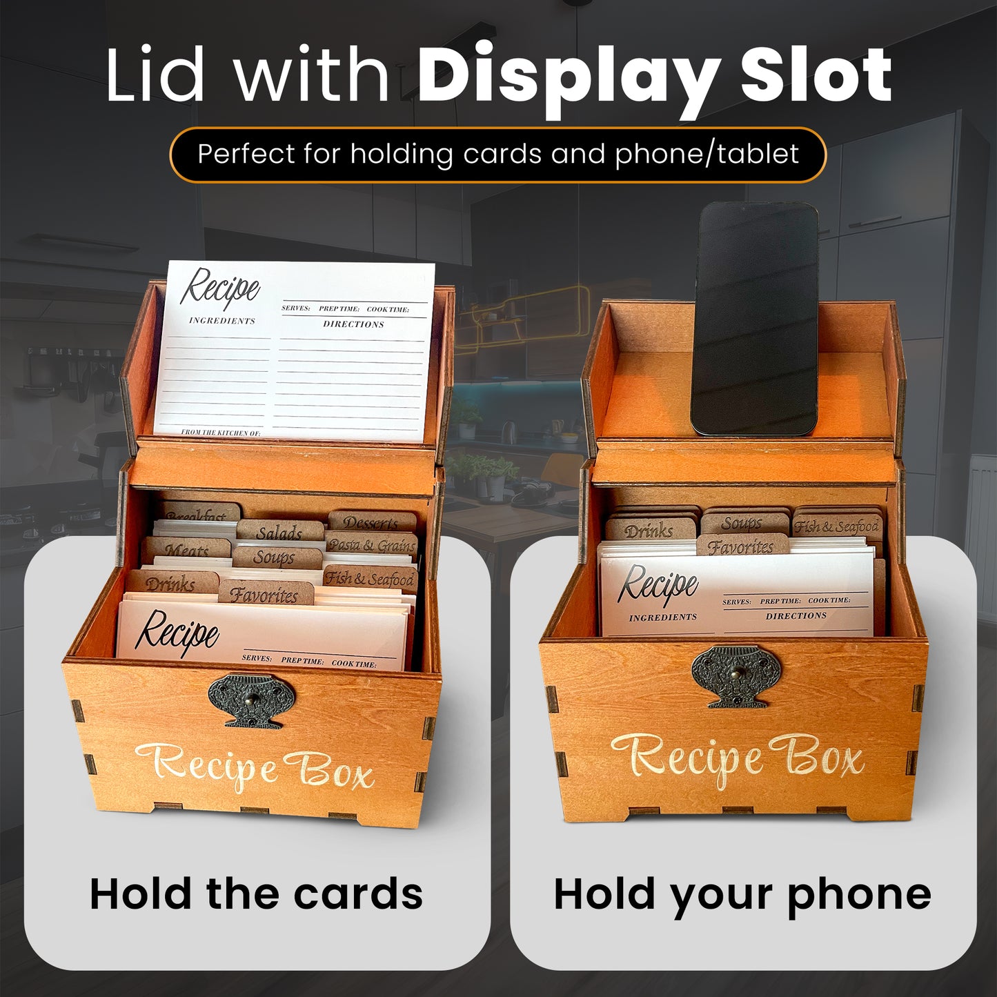 Rustic Recipe Box Set with 100 Cards, 9 Wooden Dividers – A Recipe Book to Write in Your Own Recipes - Recipes Card Holder with Display Lid, 4"x6" Index Card Organizer for Kitchen