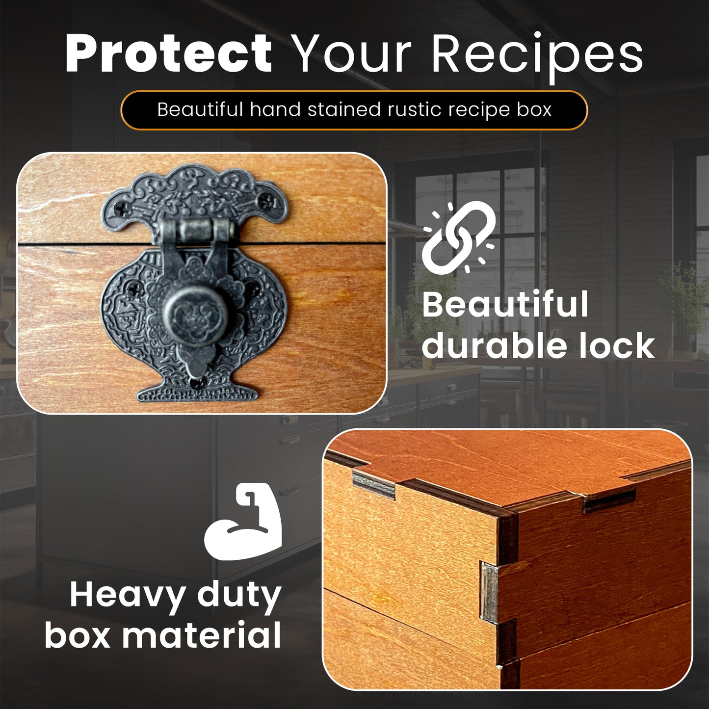 Rustic Recipe Box Set with 100 Cards, 9 Wooden Dividers – A Recipe Book to Write in Your Own Recipes - Recipes Card Holder with Display Lid, 4"x6" Index Card Organizer for Kitchen