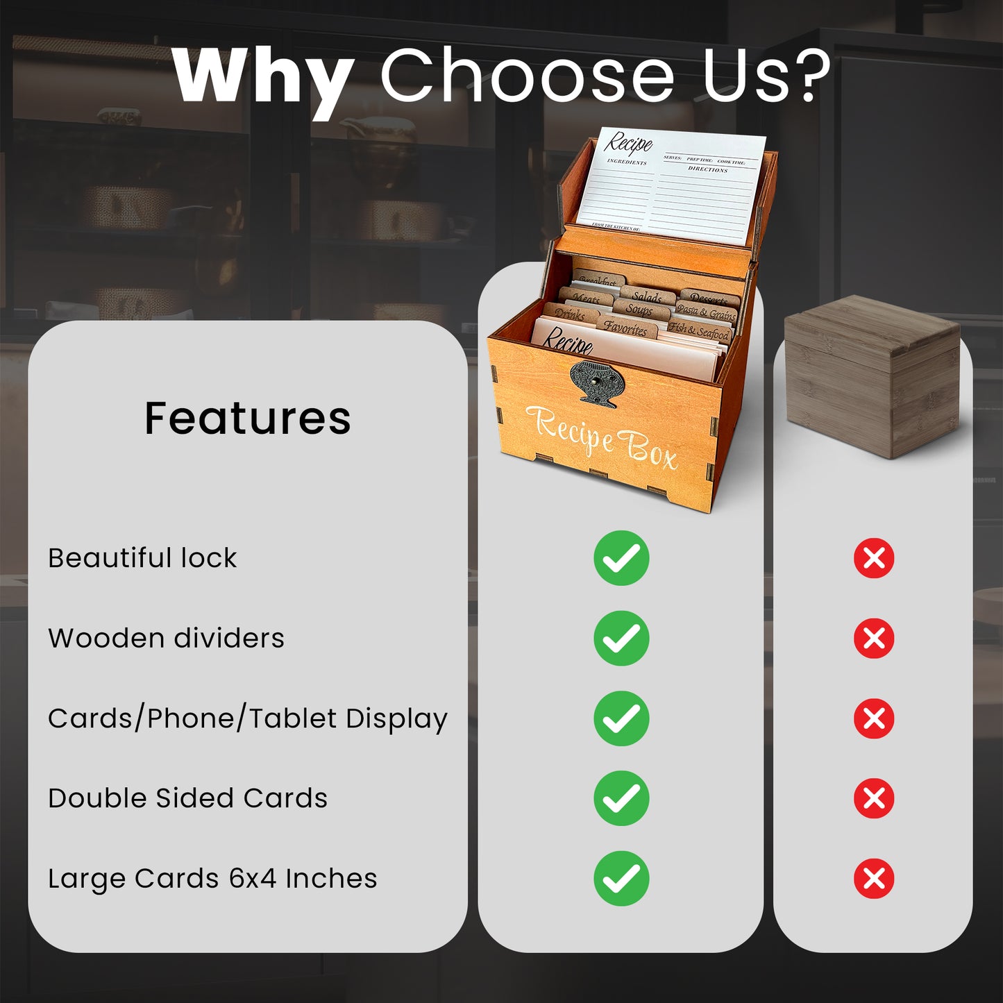 Rustic Recipe Box Set with 100 Cards, 9 Wooden Dividers – A Recipe Book to Write in Your Own Recipes - Recipes Card Holder with Display Lid, 4"x6" Index Card Organizer for Kitchen