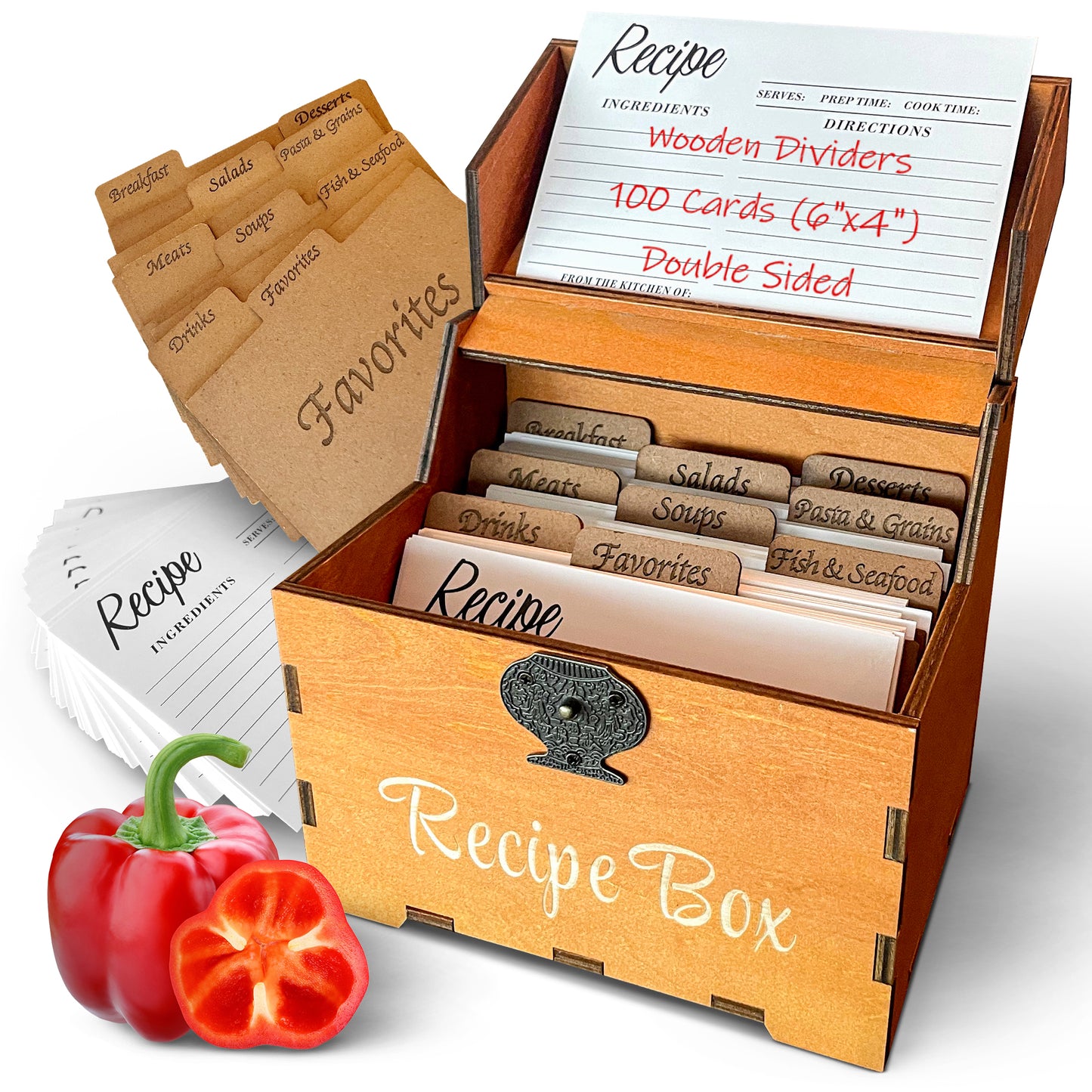 Rustic Recipe Box Set with 100 Cards, 9 Wooden Dividers – A Recipe Book to Write in Your Own Recipes - Recipes Card Holder with Display Lid, 4"x6" Index Card Organizer for Kitchen