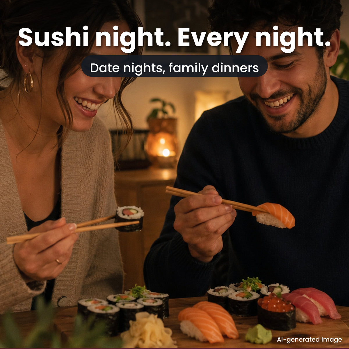 Couple enjoying homemade sushi together at a candlelit table, showing the sushi making kit used for date nights and family dinners