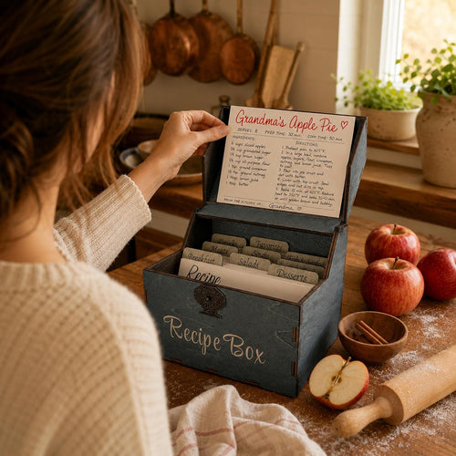 A hand lifting a handwritten card from a recipe box on a kitchen counter