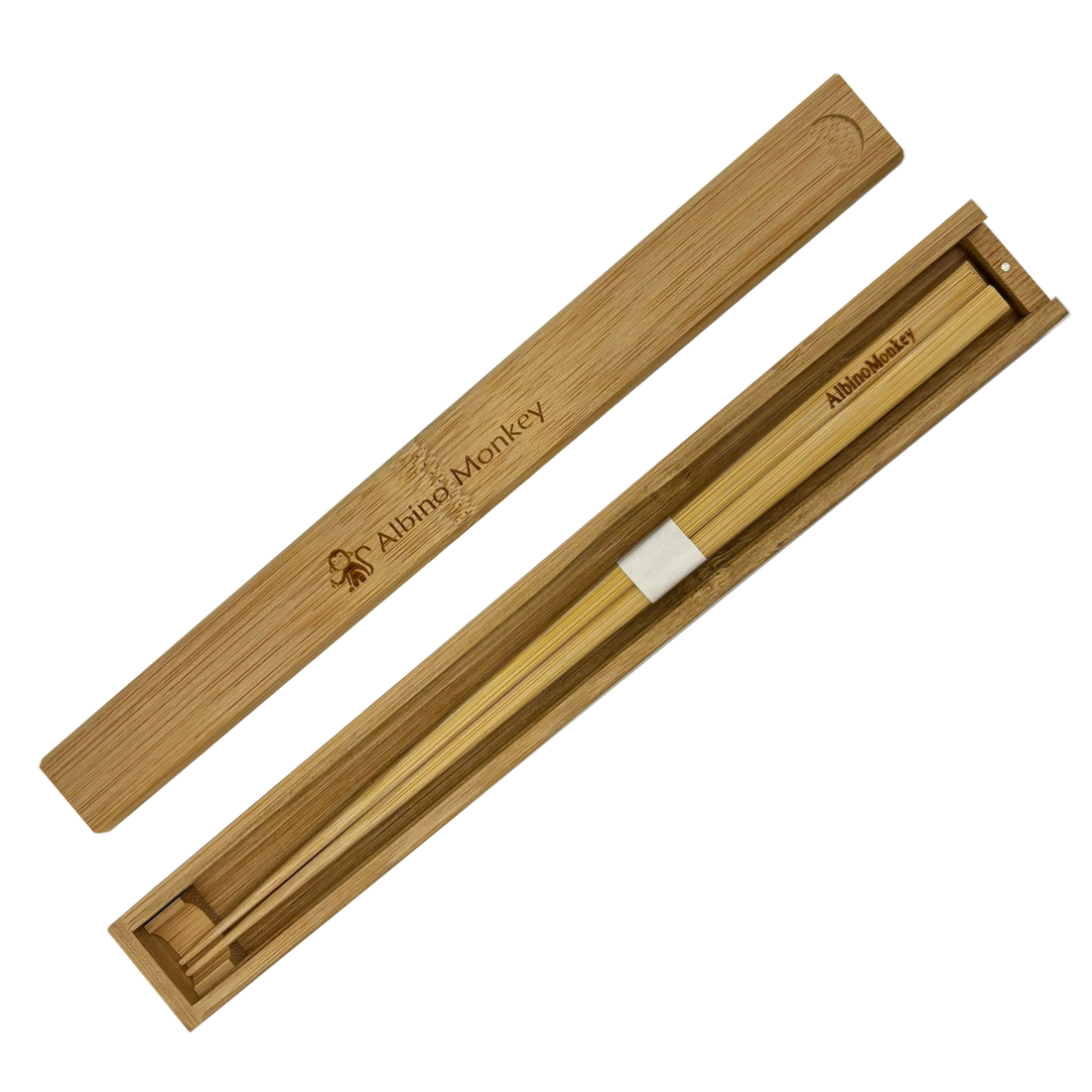 A pair of bamboo chopsticks resting beside their carrying case