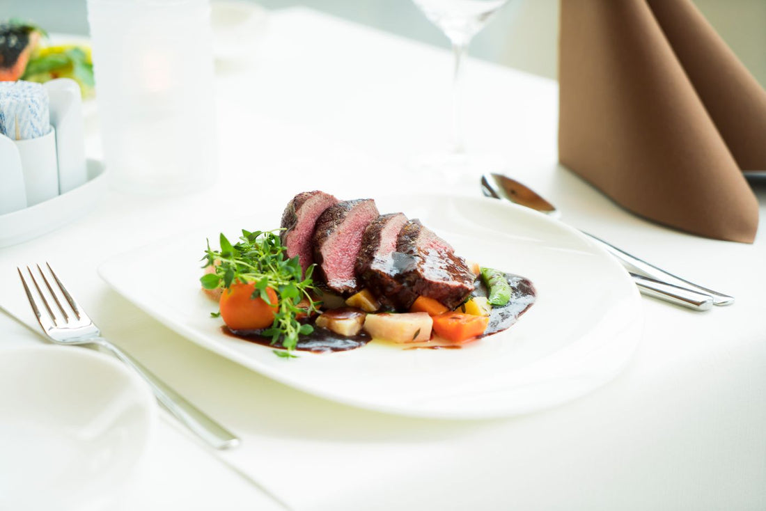Sliced sous vide steak, evenly pink from edge to edge