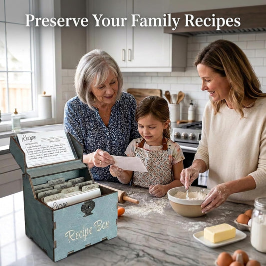 A grandmother, mother and child reading a handwritten recipe card together in a kitchen