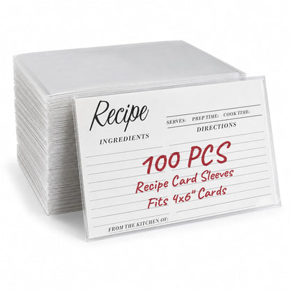 Stack of 100 clear sleeves with a recipe card sliding in