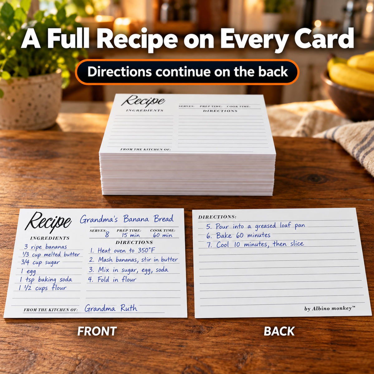 Recipe card front for ingredients and back for directions and notes