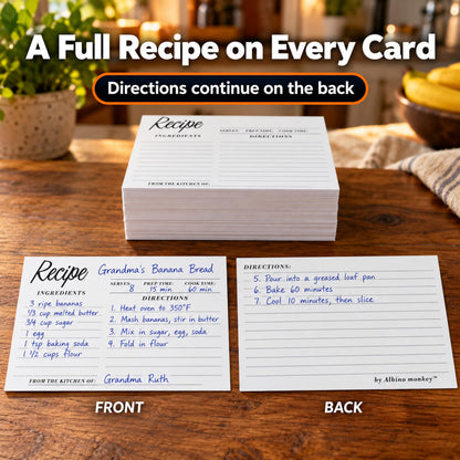 Recipe card front for ingredients and back for directions and notes