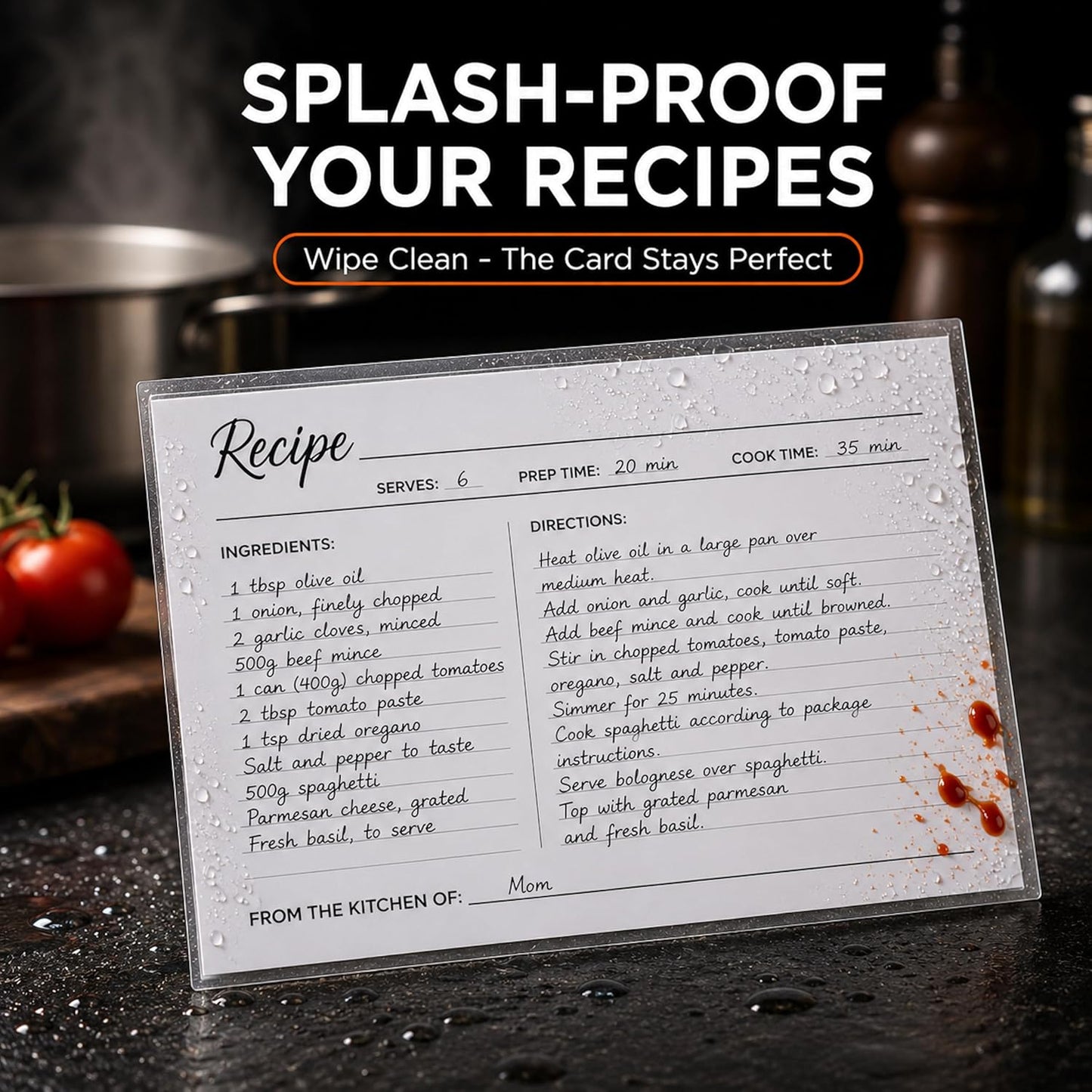 Sleeved recipe card propped by the stove, wiped clean of splashes