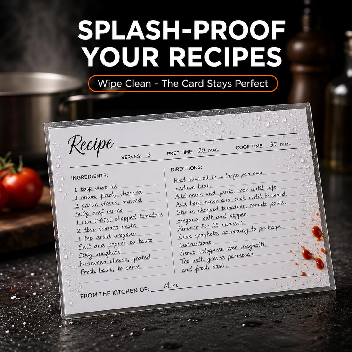 Sleeved recipe card propped by the stove, wiped clean of splashes