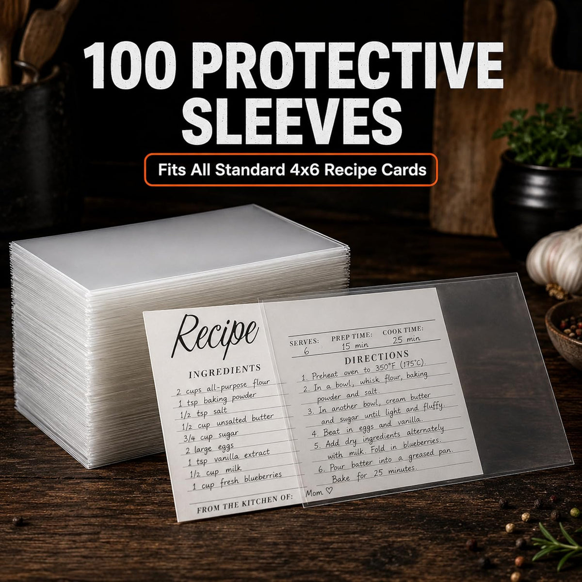 Sleeved 4x6 cards filed in the Albino Monkey wooden recipe box