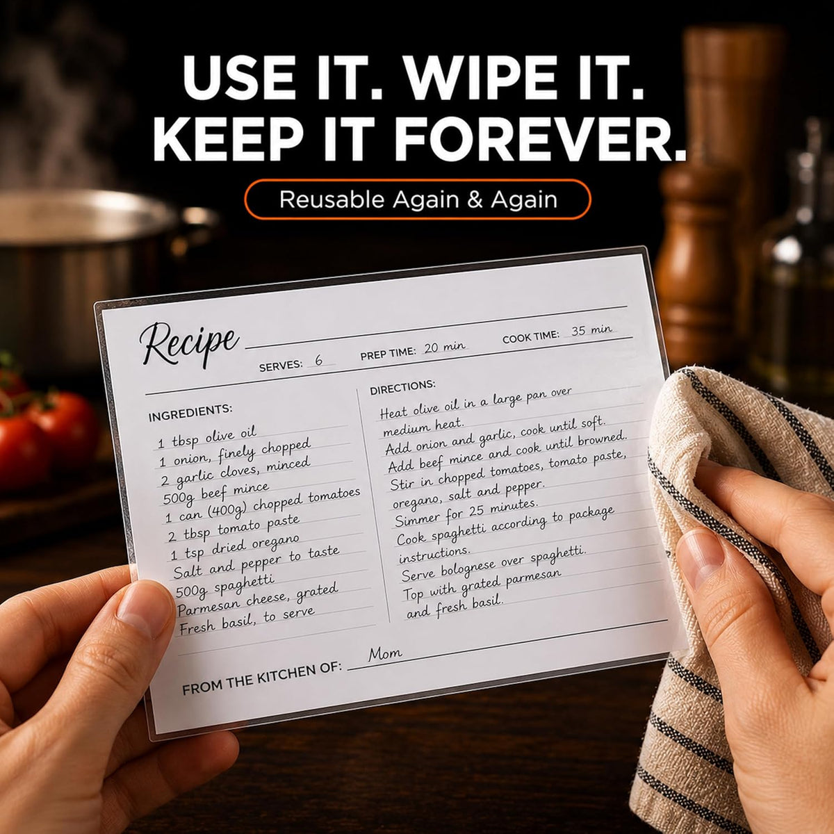 Recipe card readable through the clear sleeve, front and back
