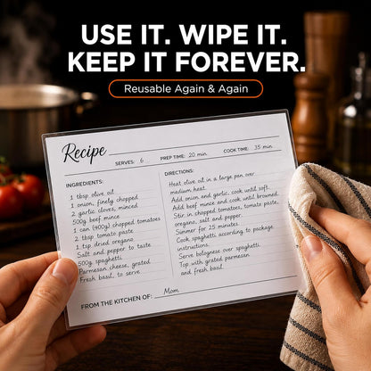 Recipe card readable through the clear sleeve, front and back