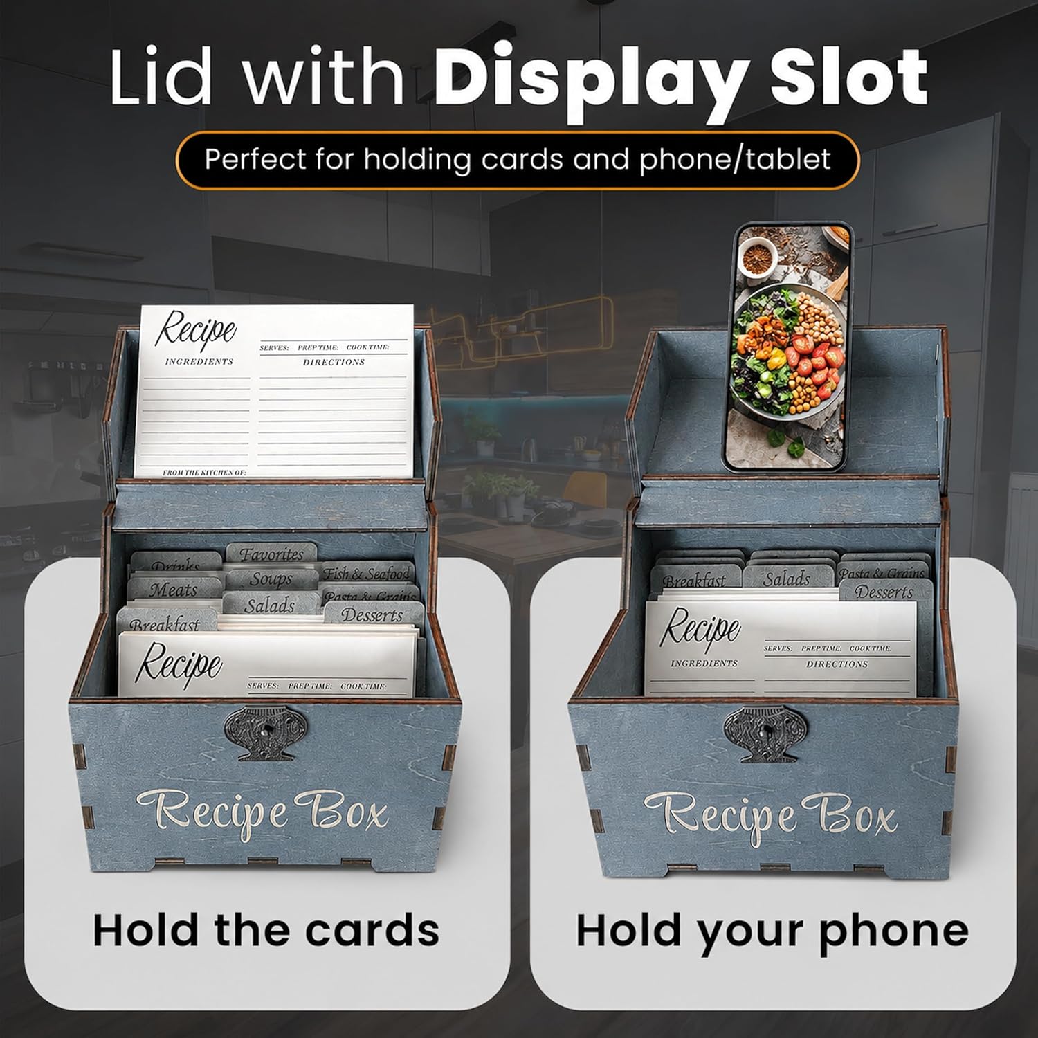 Recipe box dimensions and what is included infographic