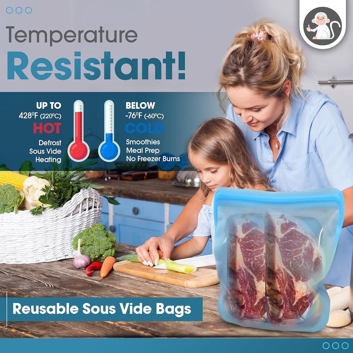 Reusable blue silicone bag in freezer stacked with batch-cooked soup