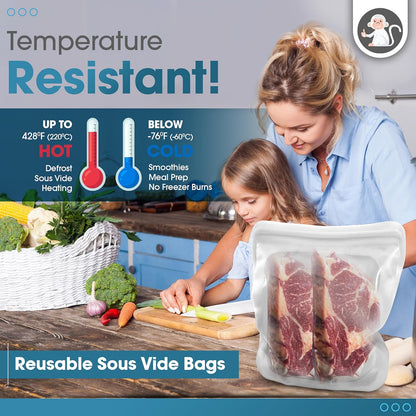 Reusable silicone bag in freezer with portioned meal prep soups