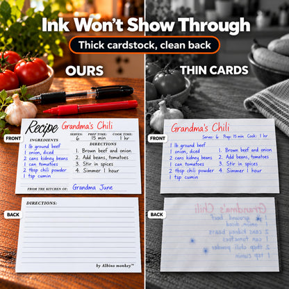Thick cardstock recipe card compared with a thin card where ink shows through