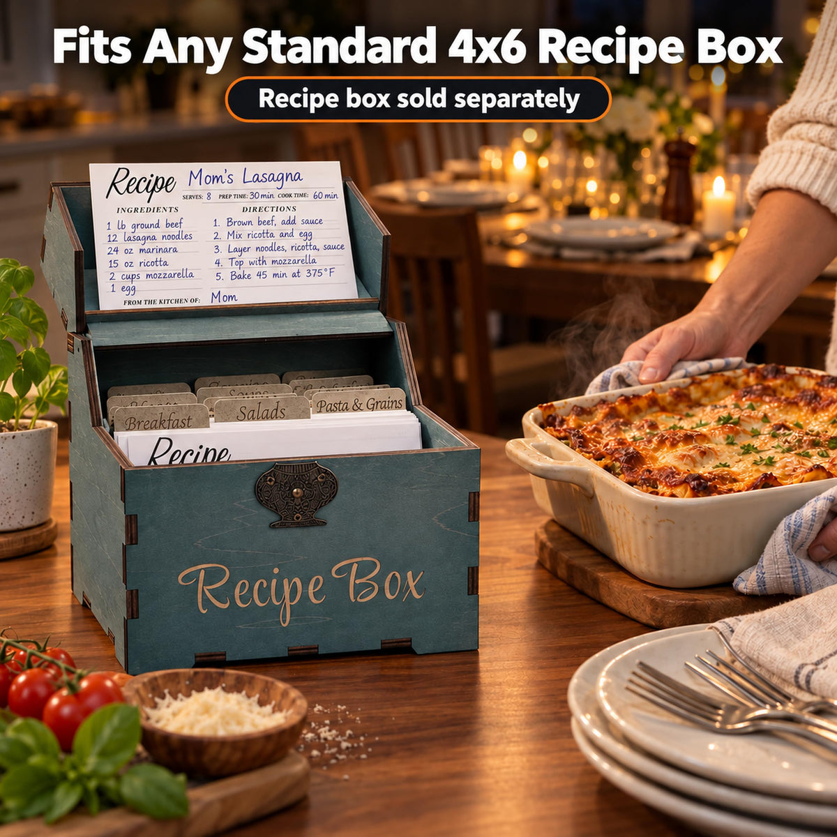 4x6 recipe card in a standard recipe box next to a baked lasagna