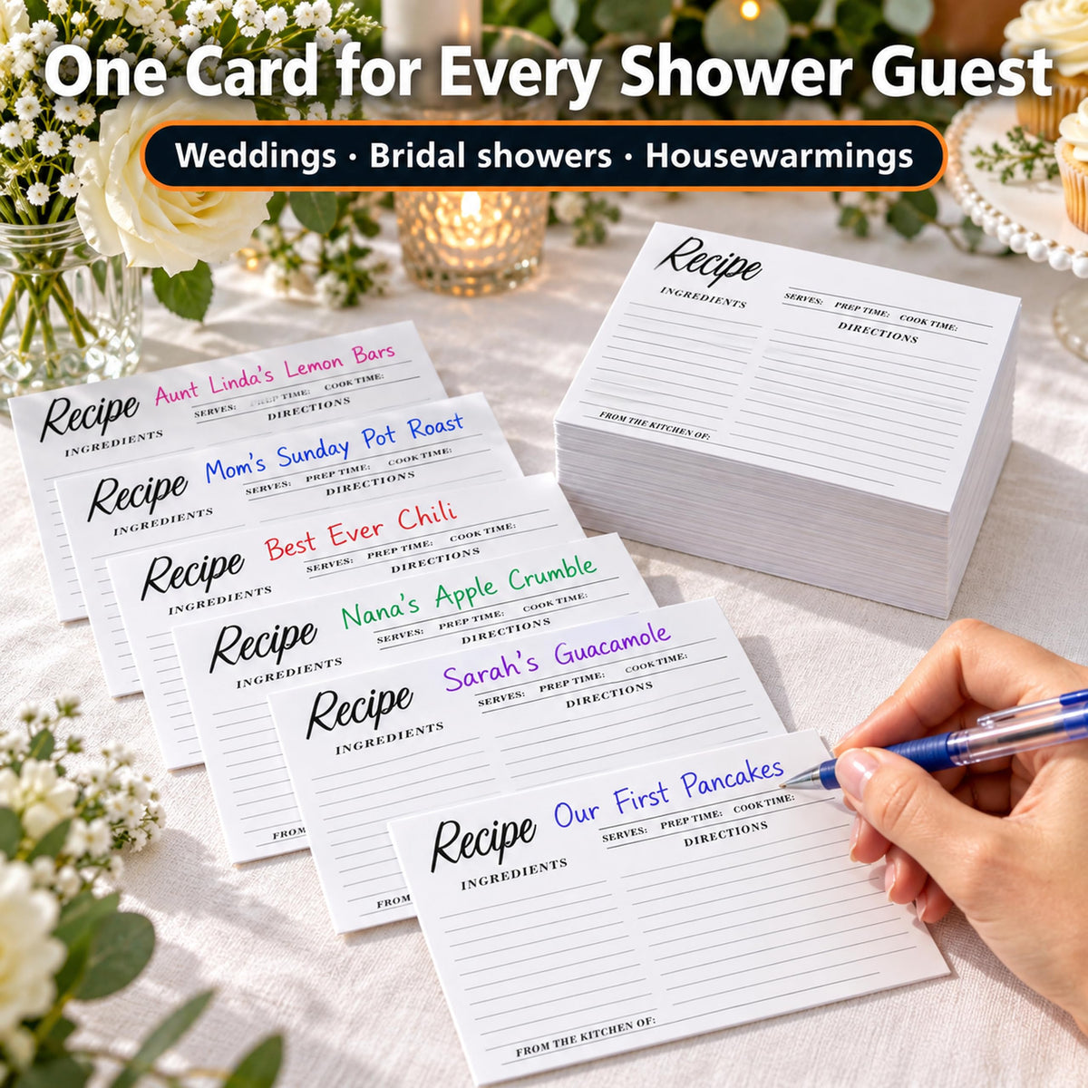 Guests writing recipe cards at a bridal shower table