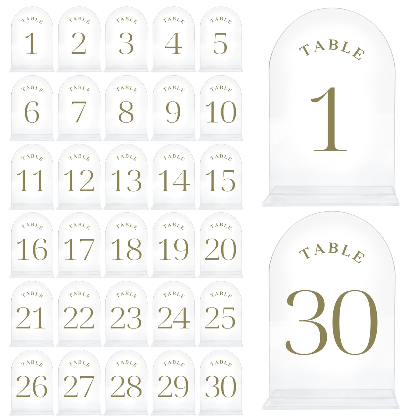 Table Numbers for Wedding Reception - Transparent Acrylic with Gold Writing, (Set of 1-30) Elegant Table Number Holders