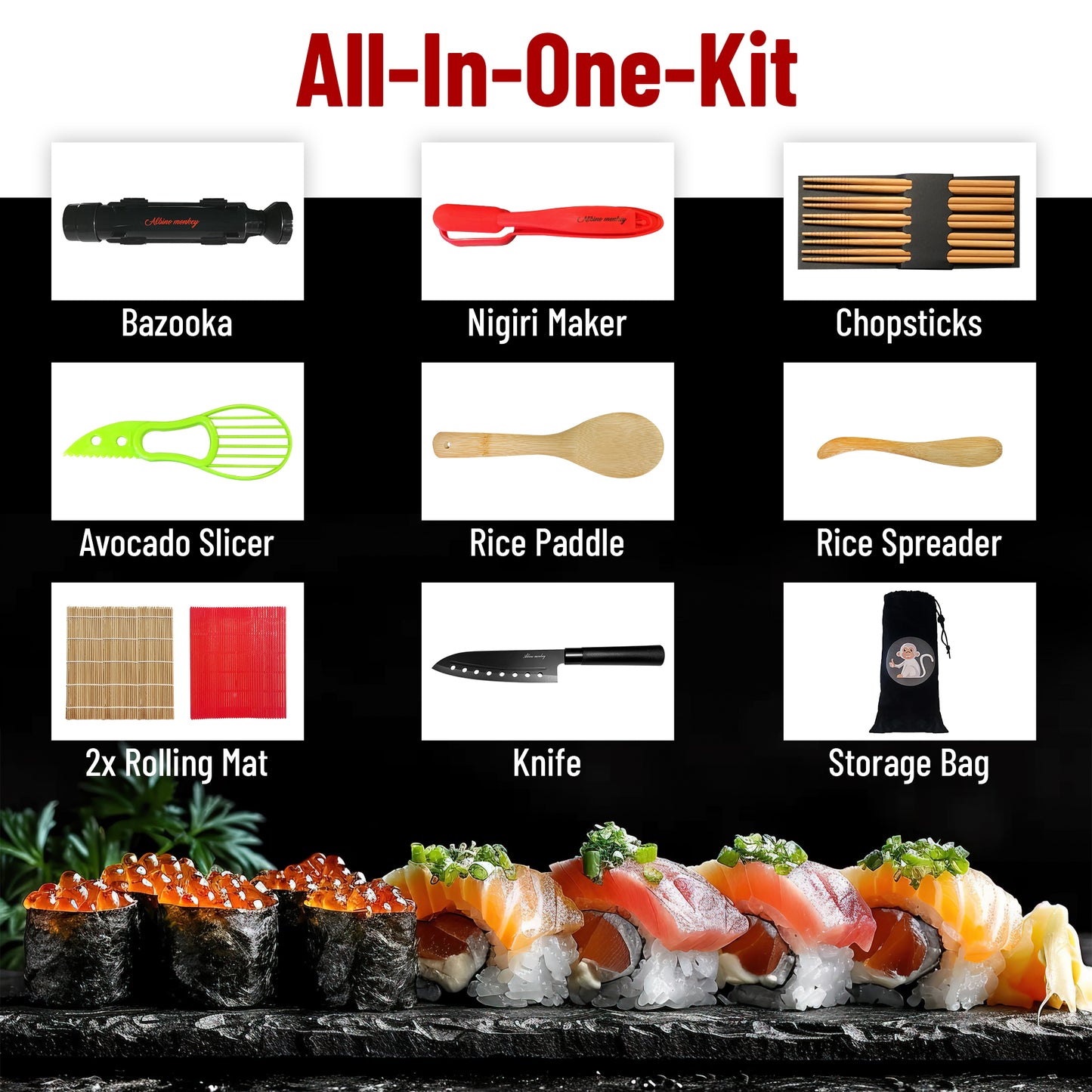 Sushi Making Kit - Elevate Your Sushi Skills in Minutes! Includes New Upgraded Sashimi Knife & Sushi Maker Bazooka, 2 Mats, Nigiri Tool, and More – Perfect for Beginners