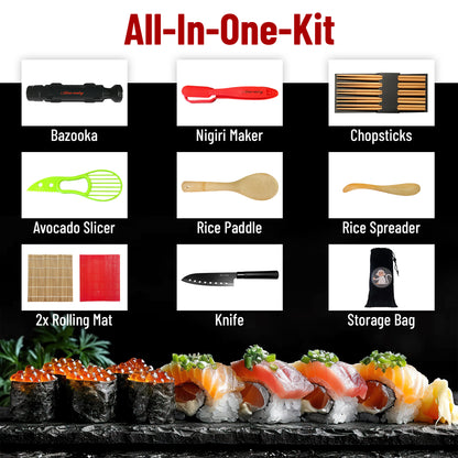 Sushi Making Kit - Elevate Your Sushi Skills in Minutes! Includes New Upgraded Sashimi Knife & Sushi Maker Bazooka, 2 Mats, Nigiri Tool, and More – Perfect for Beginners