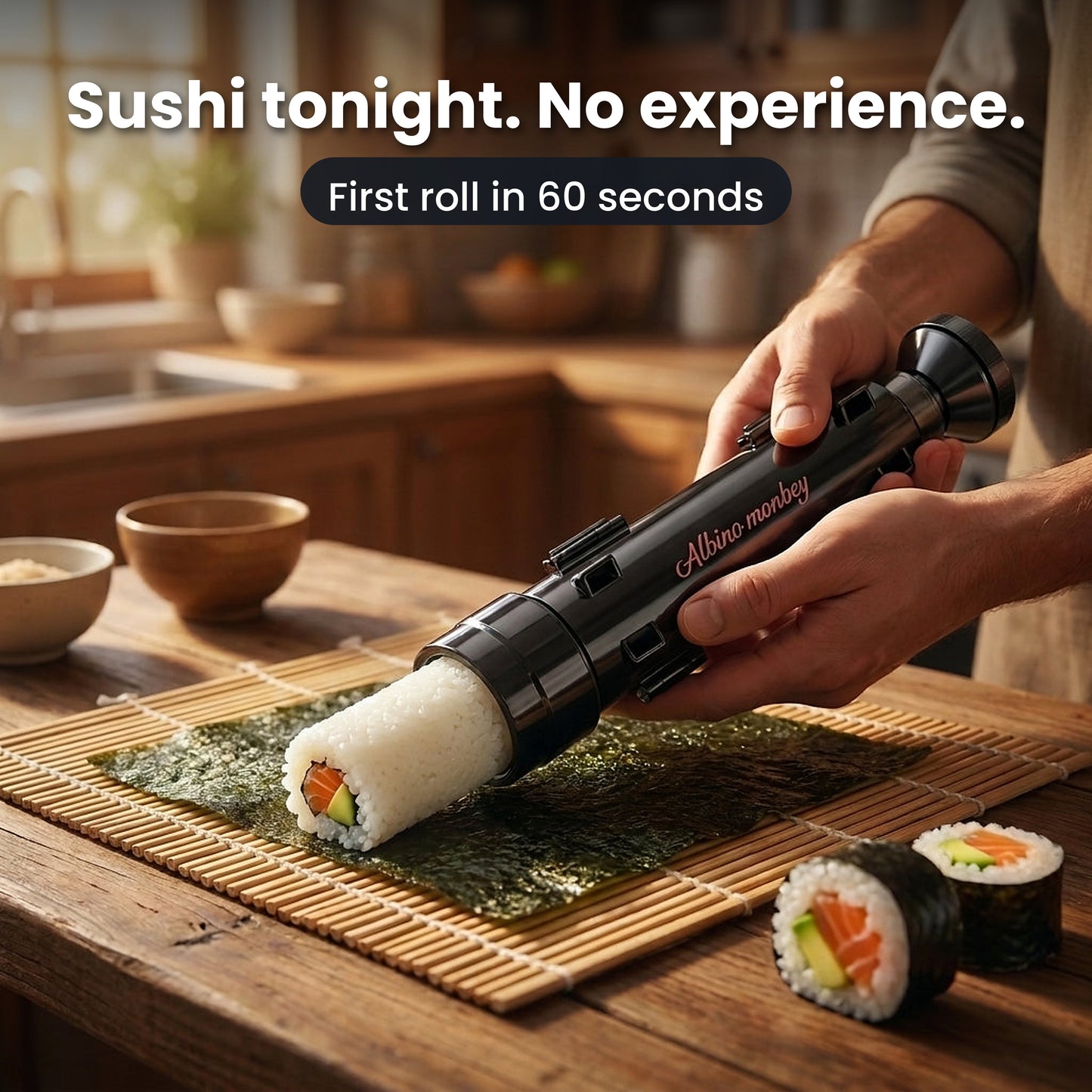 Hands pushing a sushi rice roll out of the Albino Monkey sushi bazooka onto nori on a bamboo mat, showing how beginners make a maki roll in under 60 seconds
