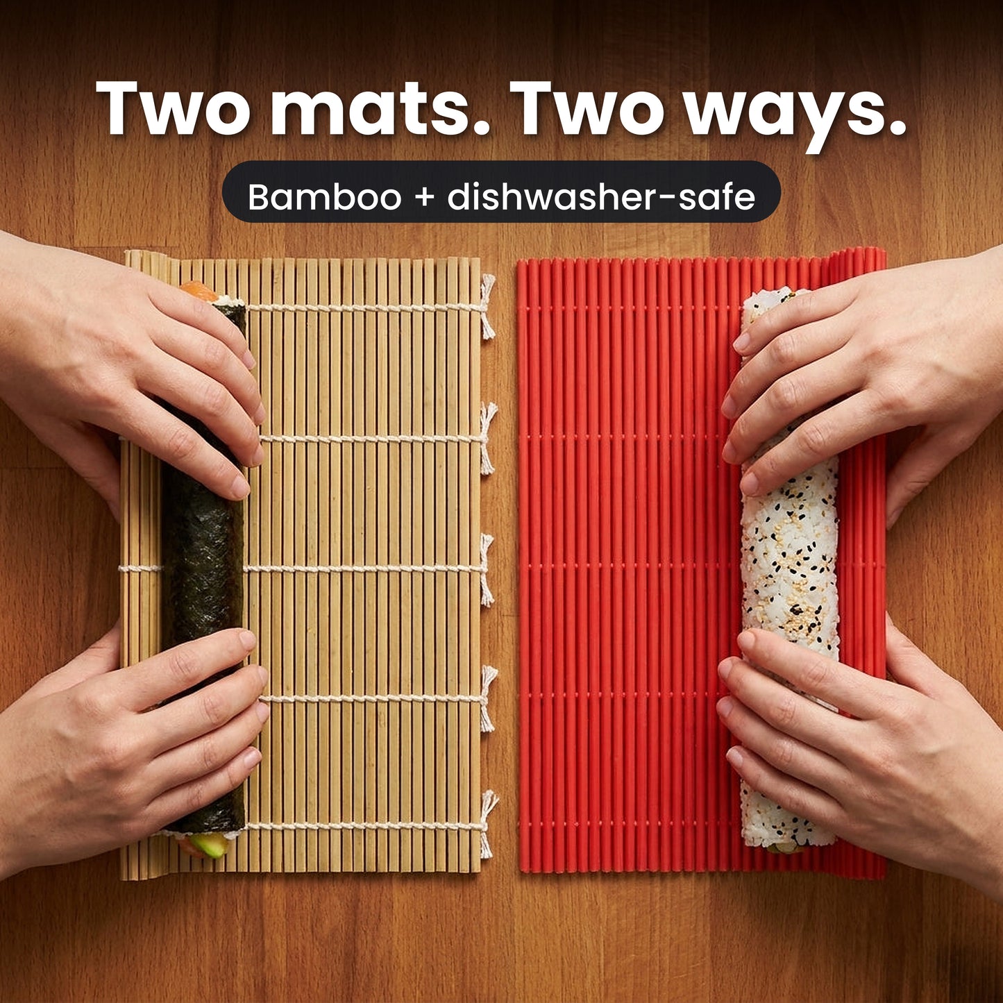 Two sushi rolling mats compared side by side: natural bamboo mat rolling a nori-outside maki and red dishwasher-safe mat rolling an inside-out uramaki with sesame