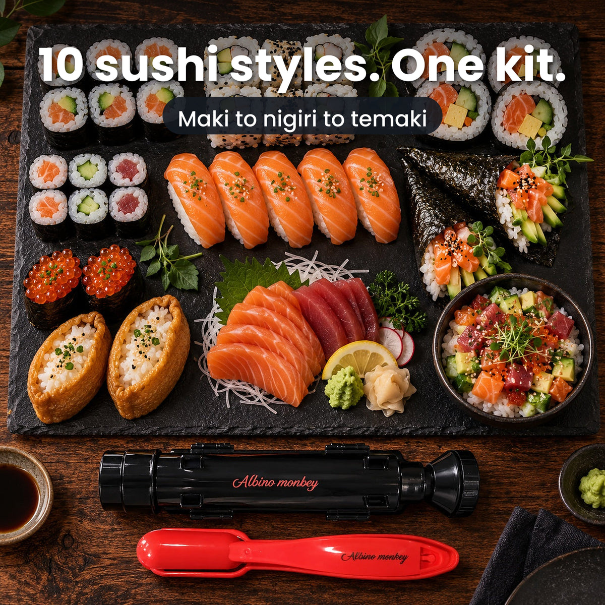 Ten sushi styles you can make with the kit on a slate platter: maki, uramaki, futomaki, hosomaki, salmon nigiri, temaki hand rolls, gunkan, inari, sashimi and chirashi, with the sushi bazooka and nigiri mold alongside