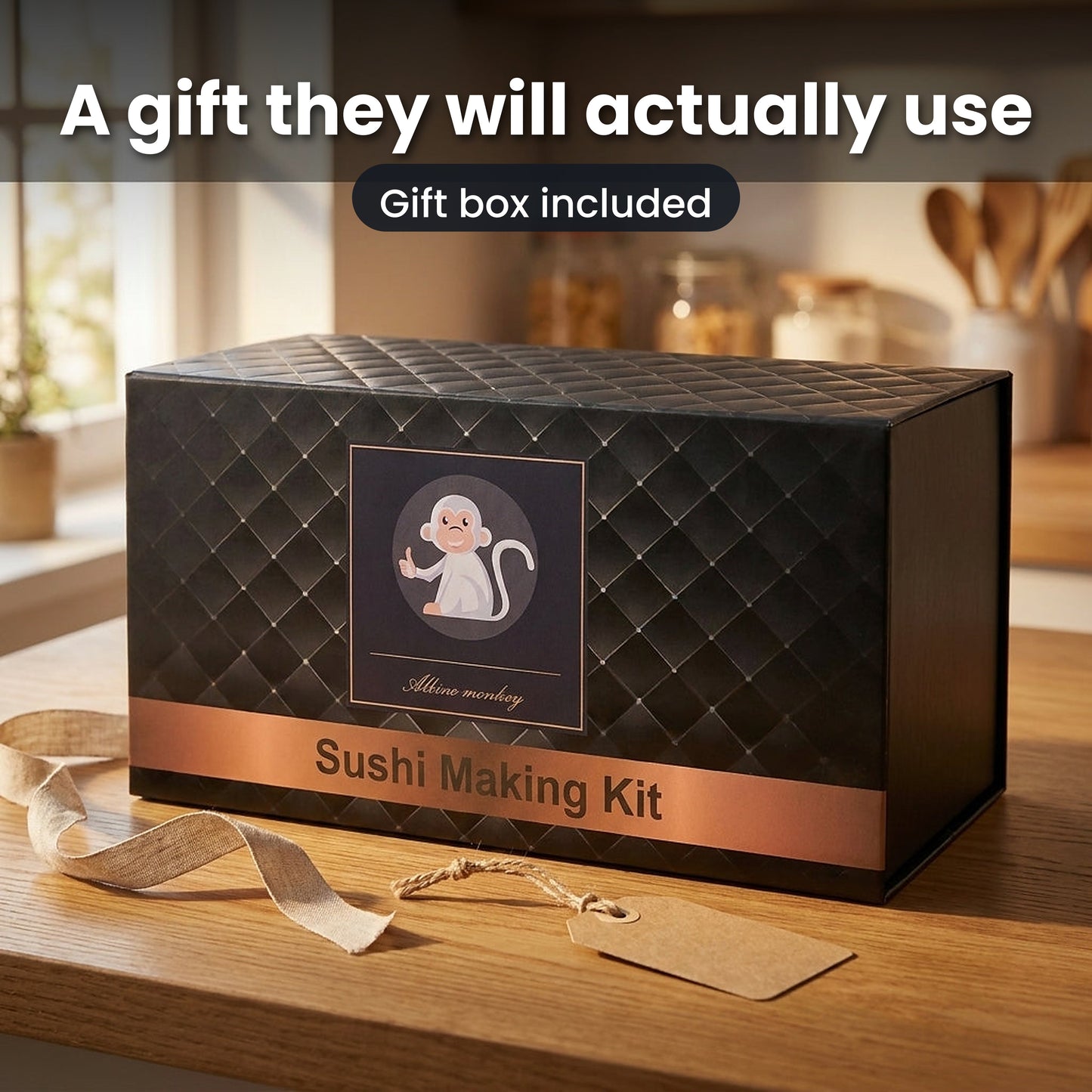 Albino Monkey sushi making kit in its black gift box with ribbon and gift tag, ready to give for birthdays, housewarmings and holidays