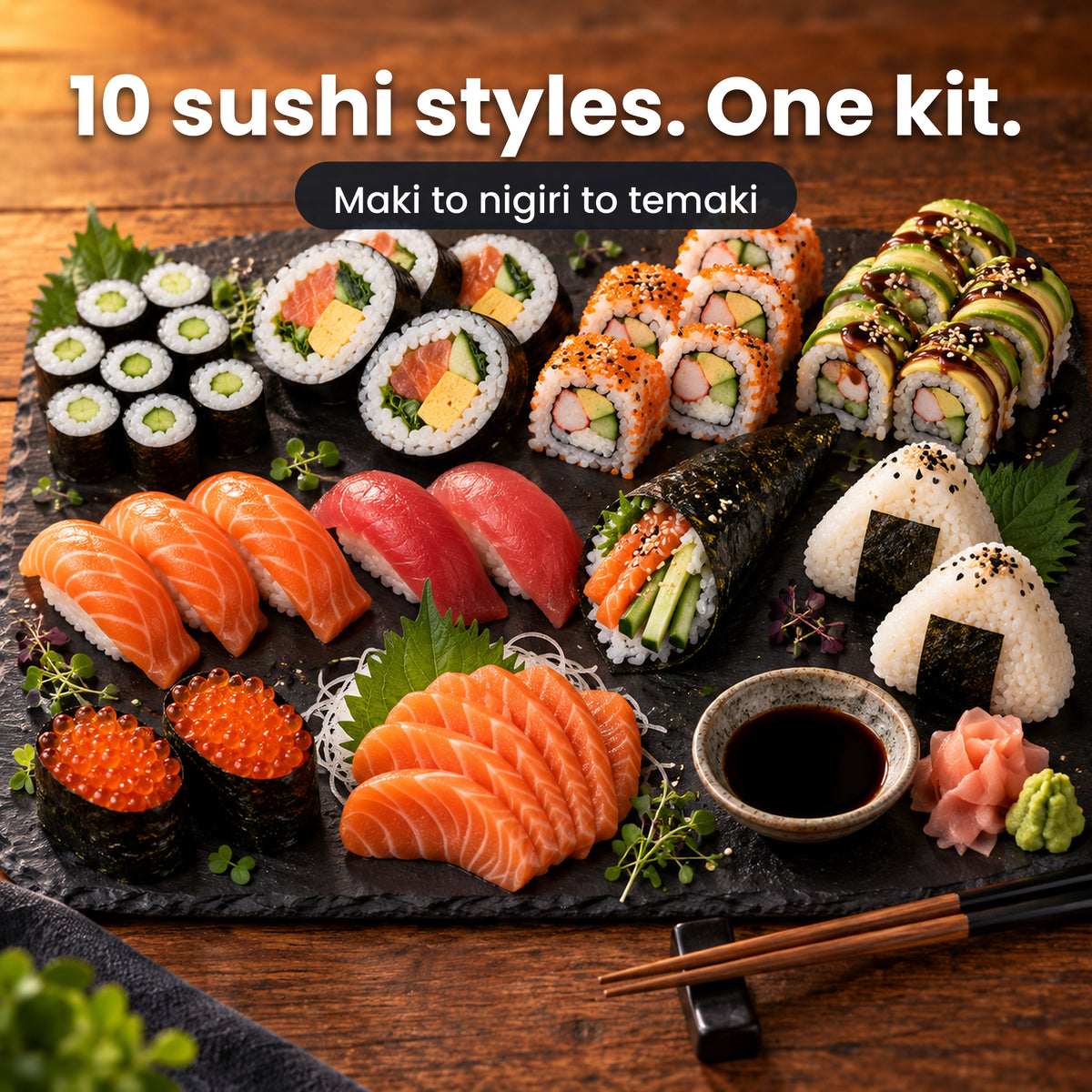 Ten sushi styles you can make with the Albino Monkey sushi kit on a slate board: hosomaki, futomaki, California rolls, dragon roll, salmon and tuna nigiri, temaki, onigiri, gunkan and sashimi