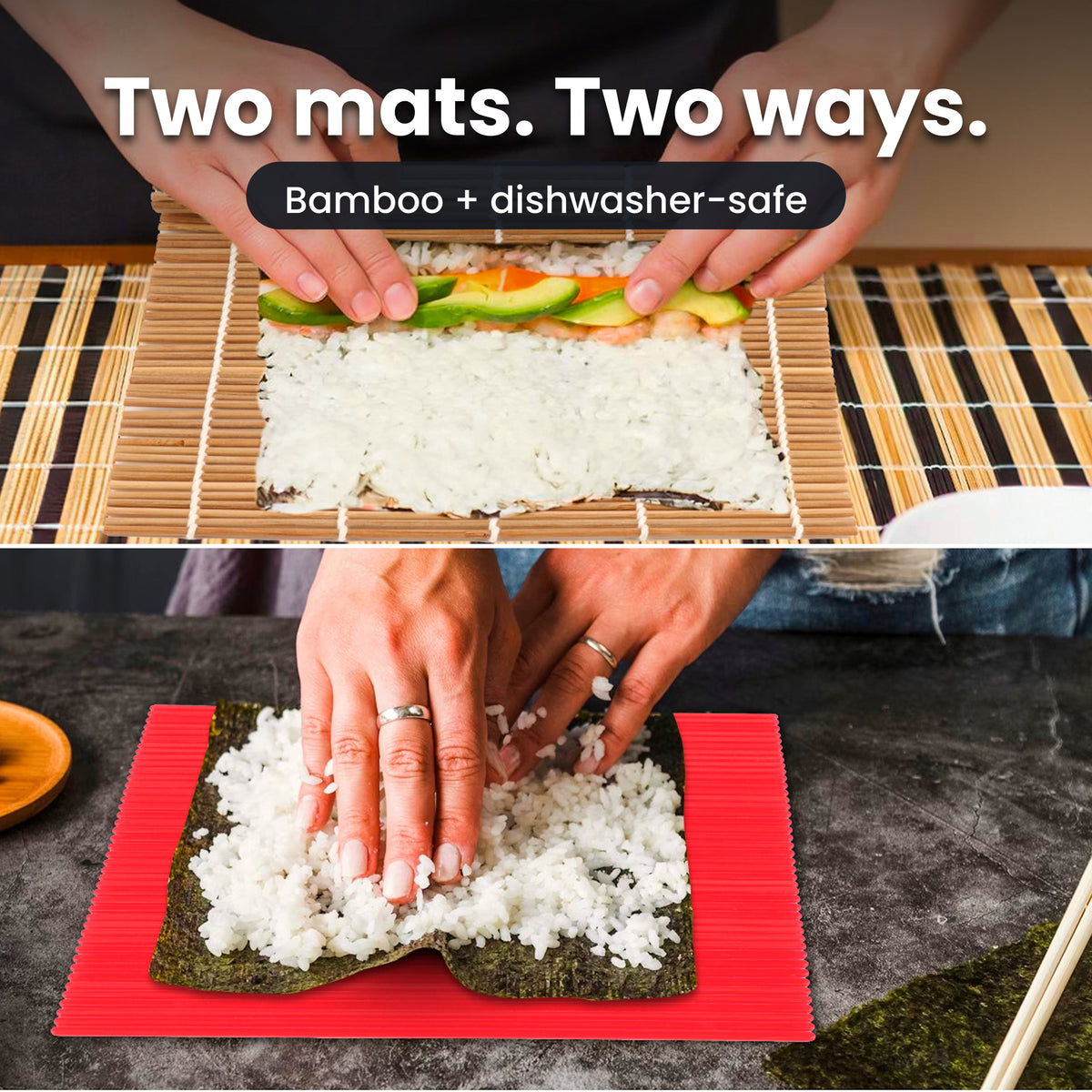 Rolling sushi on the natural bamboo mat and on the red dishwasher-safe rolling mat