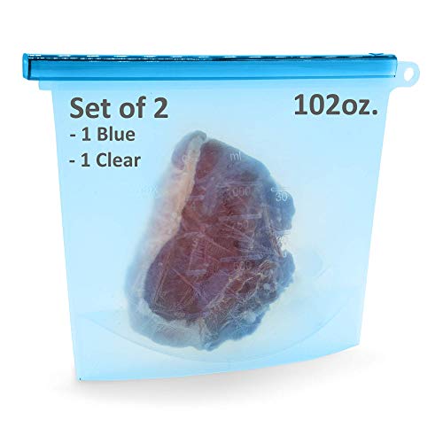 Silicone Food Storage Bag 102oz. XXL [Set of 2] Reusable Freezer Bags - Zero Waste Food and Container Lids Reusable Silicone Containers with Lid, Sous Vide, Extra Large Bags