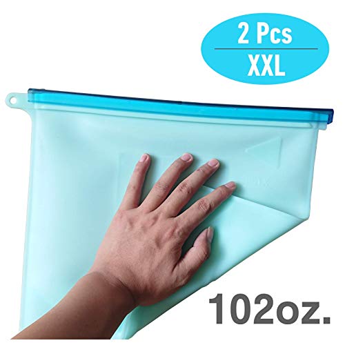 Silicone Food Storage Bag 102oz. XXL Set of 2 Reusable Freezer Bags Zero Waste Food and Container Lids Reusable Silicone Containers with Lid Sous