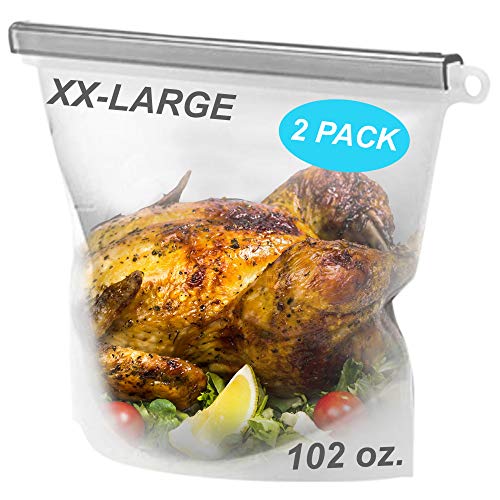 Silicone Food Storage Bag 102oz. XXL [Set of 2] Reusable Freezer Bags - Zero Waste Food and Container Lids Reusable Silicone Containers with Lid, Sous Vide, Extra Large Bags