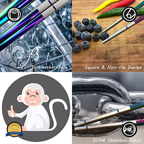 Albino Monkey Chopsticks Reusable - Set of 5 Pairs per Pack - Made of Food-Safe Stainless Steel - Holographic Design - Asian Dining Utensils for Home Kitchen & Restaurants - With Black Giftable Box